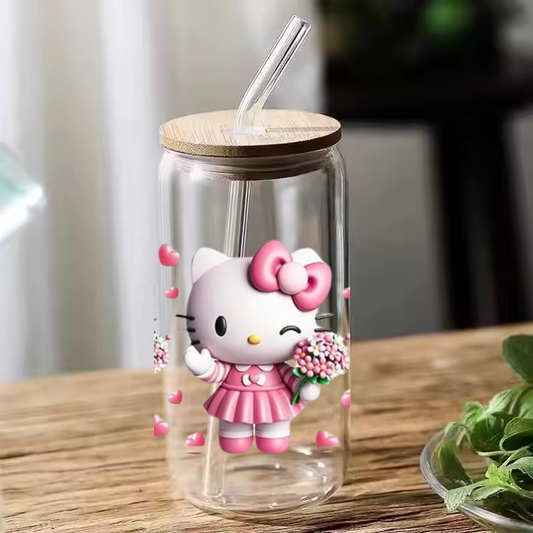 💗Hello Kitty Holding Pink Flowers Glass Jar Cup